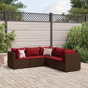 Set muebles de jardín 5 piezas y cojines ratán sintético marrón D