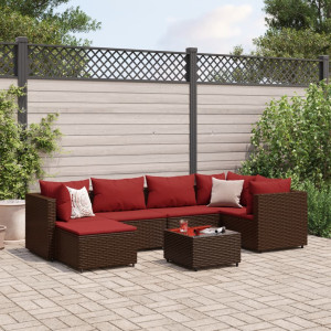 Set muebles de jardín 7 piezas y cojines ratán sintético marrón D