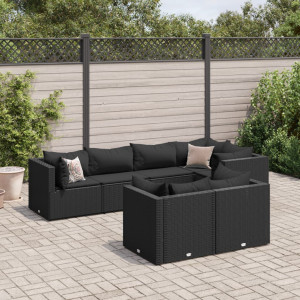 Set de muebles de jardín y cojines 7 pzas ratán sintético negro D