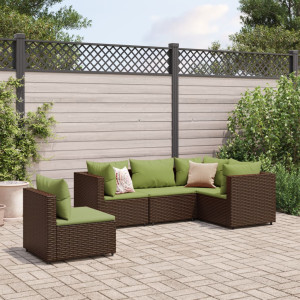 Set muebles de jardín 5 piezas y cojines ratán sintético marrón D