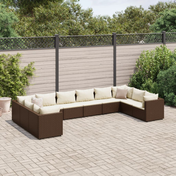 Set muebles de jardín 10 pzas y cojines ratán sintético marrón D