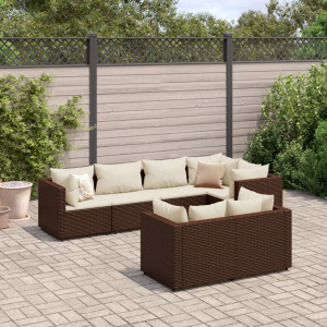 Set muebles de jardín 7 piezas y cojines ratán sintético marrón D