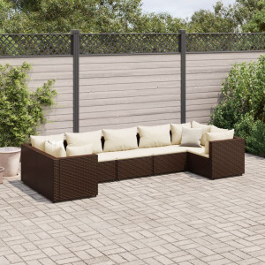 Set muebles de jardín 7 piezas y cojines ratán sintético marrón D