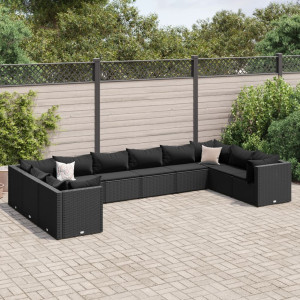 Set de muebles de jardín 10 pzas cojines ratán sintético negro D