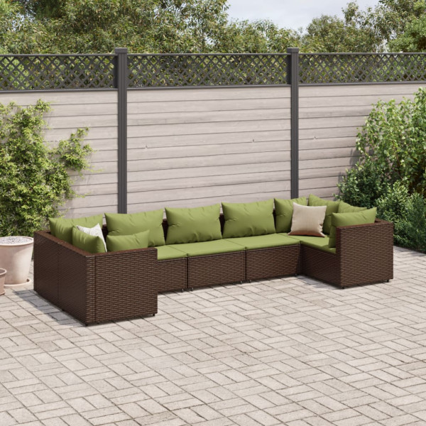 Set muebles de jardín 7 piezas y cojines ratán sintético marrón D