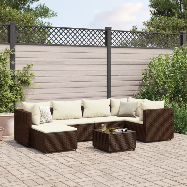 Set muebles de jardín 7 piezas y cojines ratán sintético marrón D