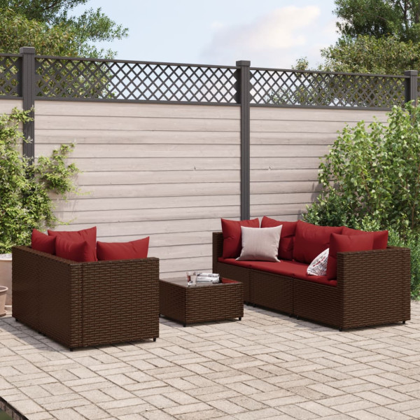 Set muebles de jardín 6 piezas y cojines ratán sintético marrón D