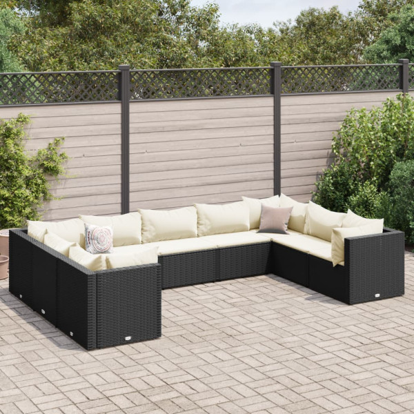 Conjunto de móveis de jardim 9 pcs e almofadas de rattan sintético preto D