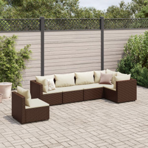 Set muebles de jardín 6 piezas y cojines ratán sintético marrón D