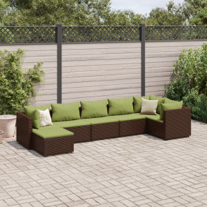 Set muebles de jardín 7 piezas y cojines ratán sintético marrón D