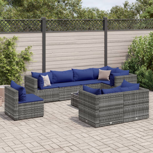 Set de muebles de jardín 9 pzas y cojines ratán sintético gris D