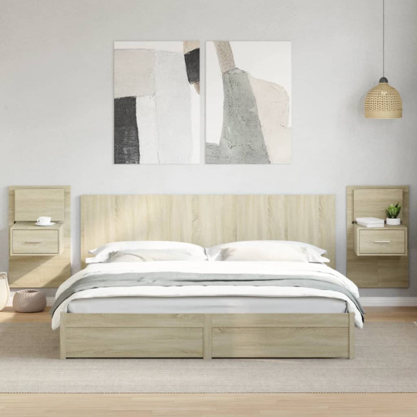 Cabecero cama con mesitas madera ingeniería roble Sonoma 200 cm D