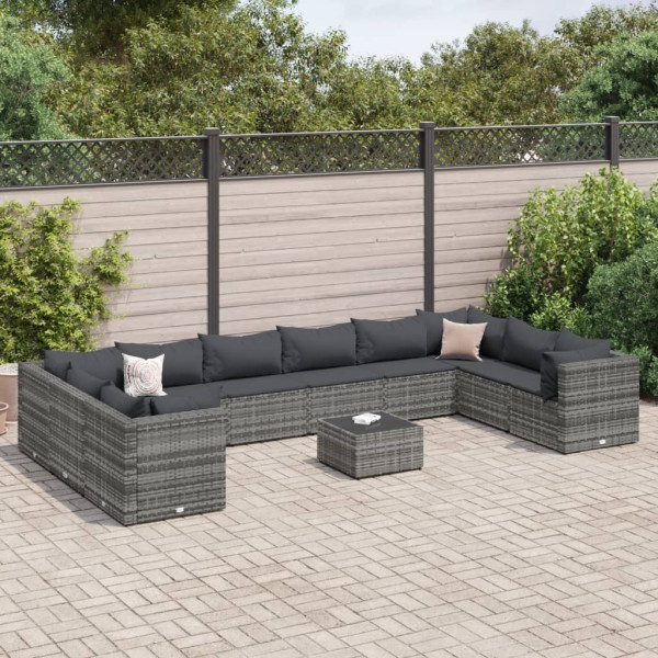 Set de muebles de jardín 11 pzas y cojines ratán sintético gris D