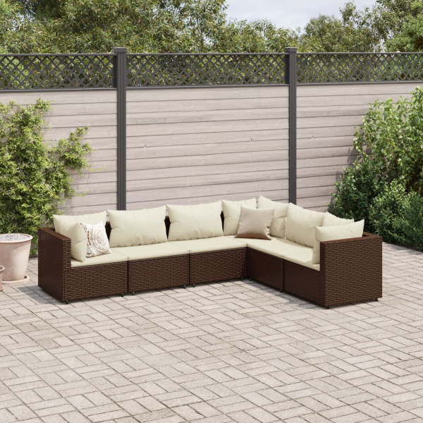 Set muebles de jardín 6 piezas y cojines ratán sintético marrón D