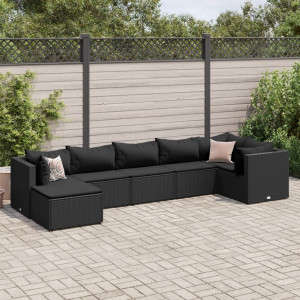 Set de muebles de jardín y cojines 7 pzas ratán sintético negro D