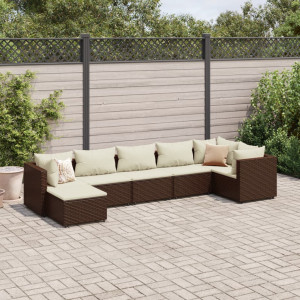 Set muebles de jardín 7 piezas y cojines ratán sintético marrón D