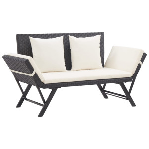 Banco de jardim com almofadas de rattan sintético preto 176 cm D