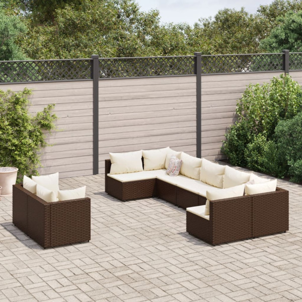 Sofá de jardim definido 9 pcs e almofadas de rattan sintético marrom D