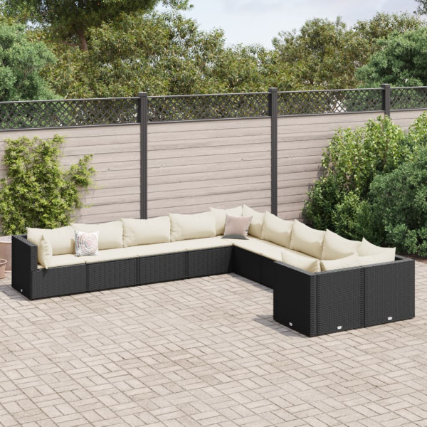 Conjunto de sofá e almofada de jardim com 10 peças de rattan sintético preto D