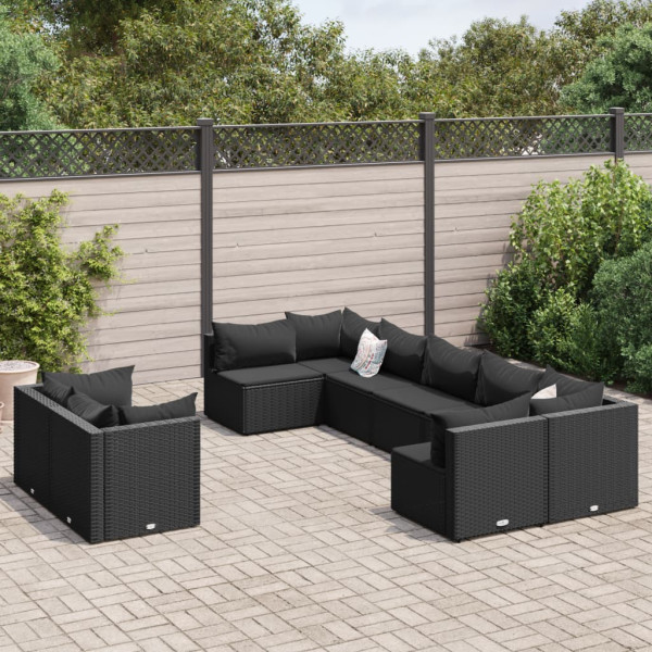 Sofá de jardim com almofadas 9 pcs preto sintético rattan D