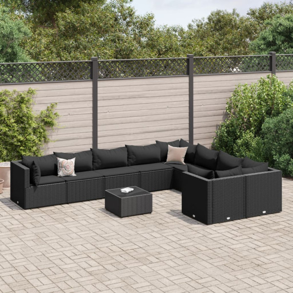 Conjunto de sofá e almofada de jardim com 10 peças de rattan sintético preto D