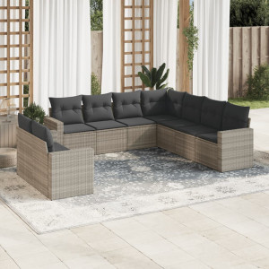 Set muebles jardín 9 pzas y cojines ratán sintético gris claro D