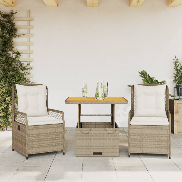 Set comedor de jardín 3 pzas con cojines ratán sintético beige D