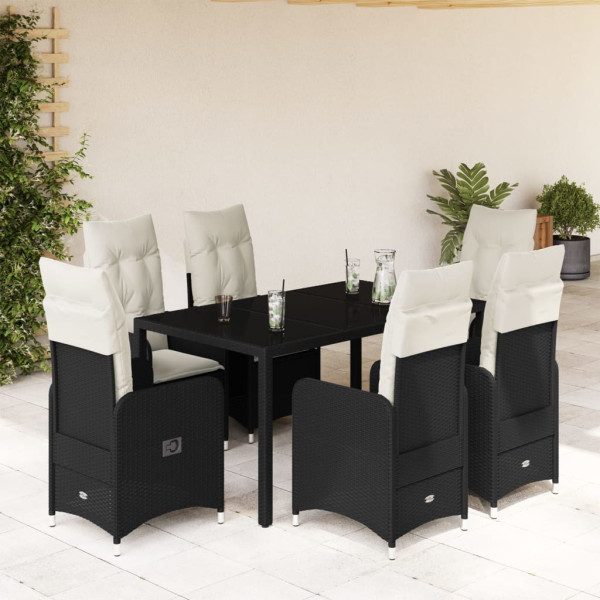 Conjunto de mesa e cadeiras de jardim de 7 peças com almofadas de vime PE preto D