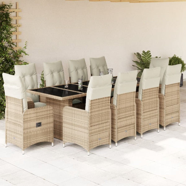 Conjunto de mesa e cadeiras de jardim 11 pcs e almofadas ratán PE bege D