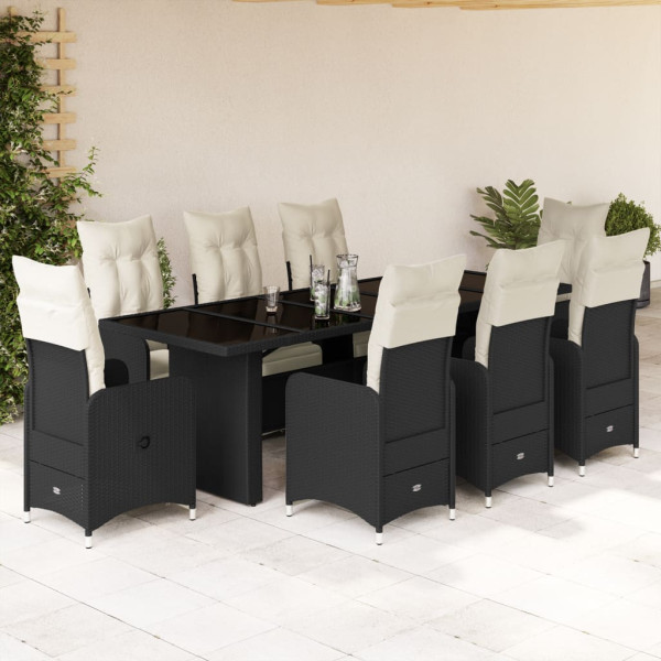 Conjunto de mesa e cadeiras de jardim 9 pcs e almofadas rattan PE preto D