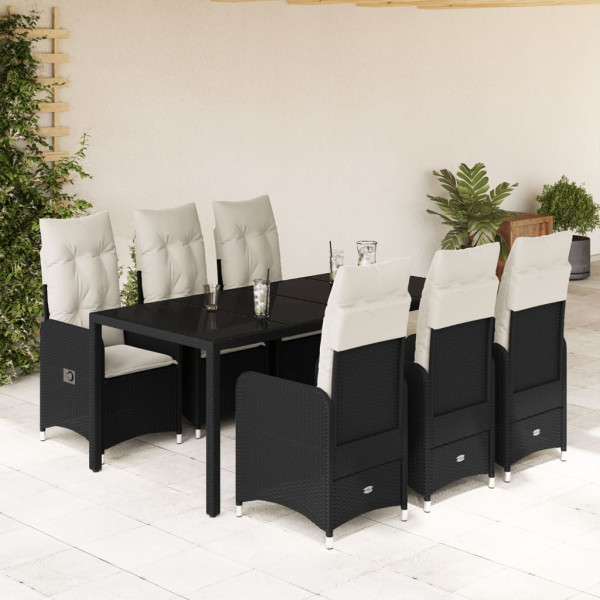 Conjunto de mesa e cadeiras de jardim de 7 peças com almofadas de vime PE preto D