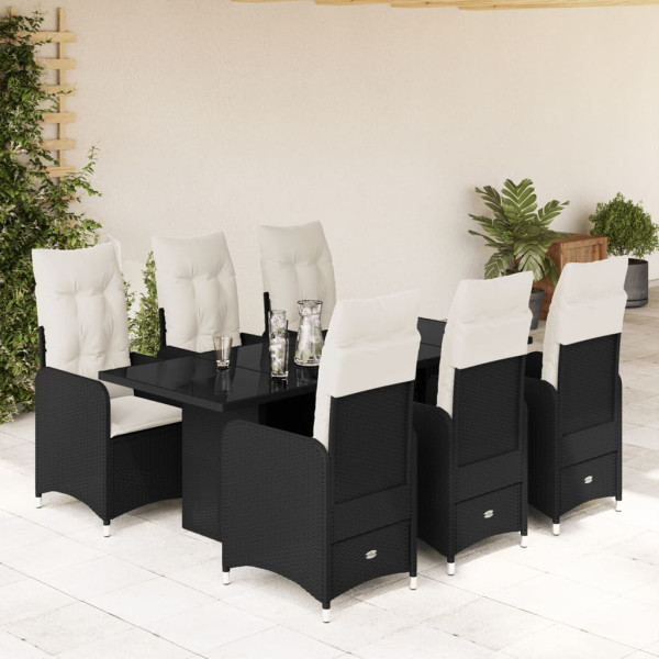 Conjunto de mesa e cadeiras de jardim de 7 peças com almofadas de vime PE preto D