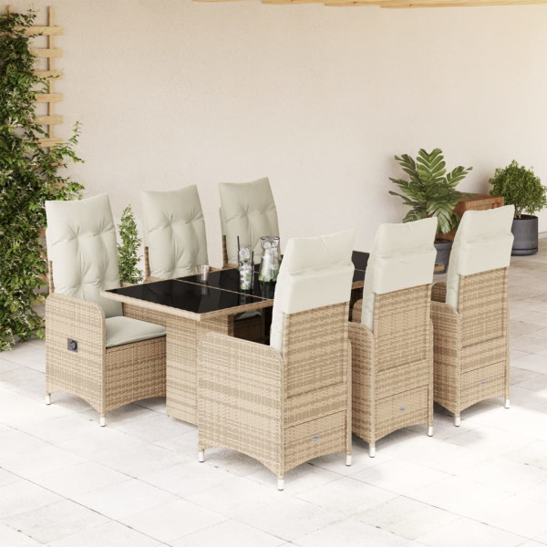 Conjunto de mesa e cadeiras de jardim de 7 peças com almofadas de vime PE bege D