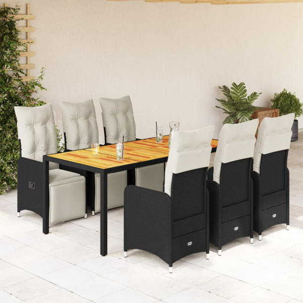 Conjunto de mesa e cadeiras de jardim de 7 peças com almofadas de vime PE preto D