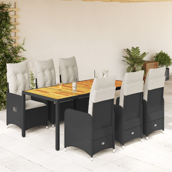 Conjunto de mesa e cadeiras de jardim de 7 peças com almofadas de vime PE preto D