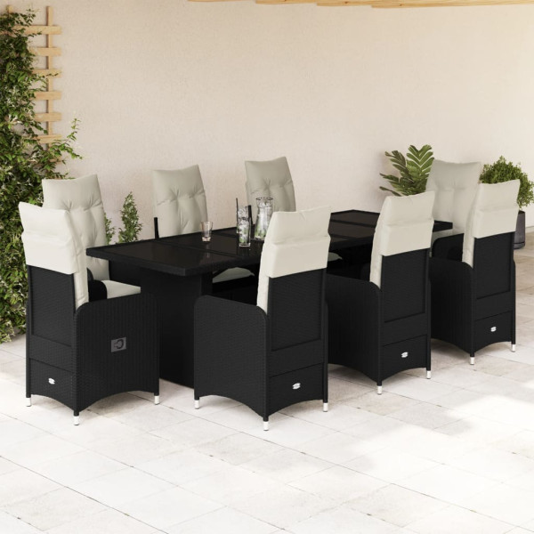 Conjunto de mesa e cadeiras de jardim 9 pcs e almofadas rattan PE preto D