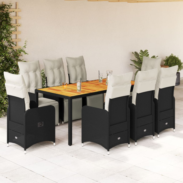 Conjunto de mesa e cadeiras de jardim 9 pcs e almofadas rattan PE preto D