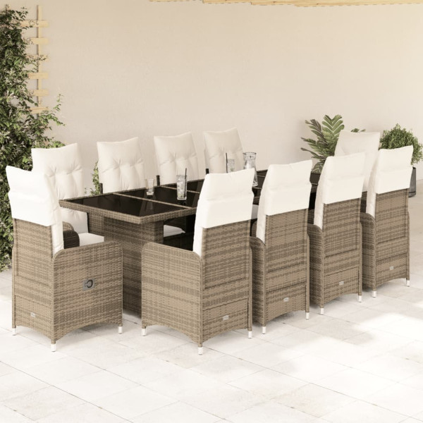 Set de mesa y sillas de jardín 11 pzas y cojines ratán PE beige D