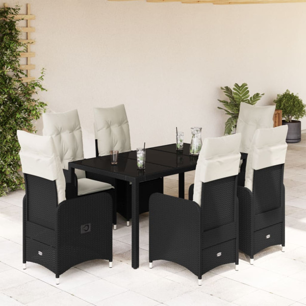 Conjunto de mesa e cadeiras de jardim de 7 peças com almofadas de vime PE preto D