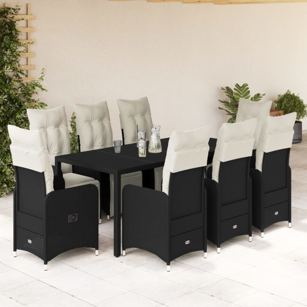 Conjunto de mesa e cadeiras de jardim 9 pcs e almofadas rattan PE preto D