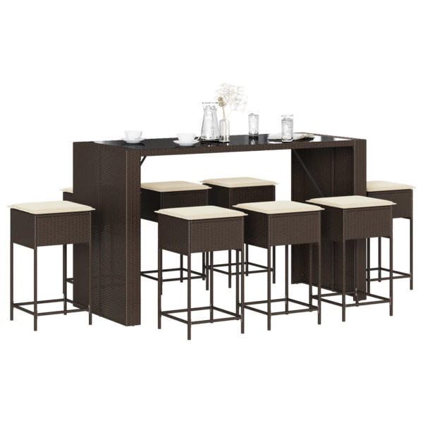 Garden bar set 9 peças com almofadas rattan PE marrom D