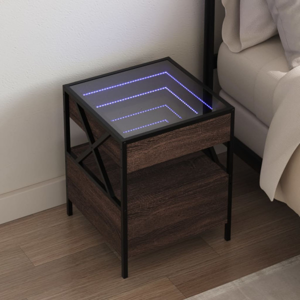 Mesita de noche con Infinity LED marrón roble 40x40x51 cm D