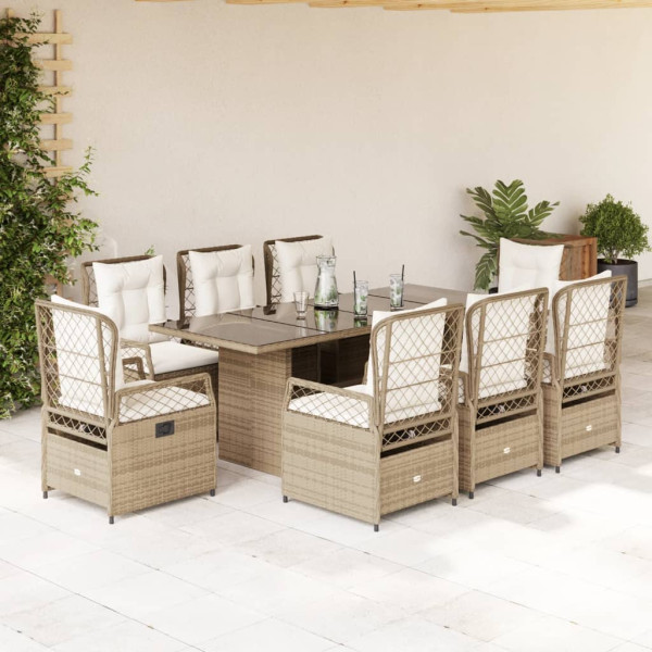 Set Jardim de jantar 9 pts com almofadas ratão sintético beige D