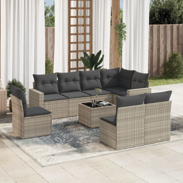 Set muebles jardín 9 pzas y cojines ratán sintético gris claro D