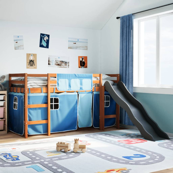 Cama alta para niños con cortinas madera pino azul 90x200 cm D