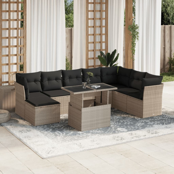 Set muebles jardín 9 pzas y cojines ratán sintético gris claro D