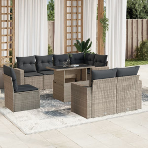 Set muebles jardín 9 pzas y cojines ratán sintético gris claro D