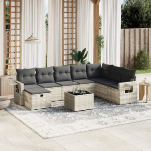 Set muebles jardín 9 pzas y cojines ratán sintético gris claro D