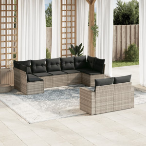 Set muebles jardín 9 pzas y cojines ratán sintético gris claro D