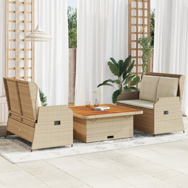 Set muebles de jardín 3 piezas y cojines ratán sintético beige D